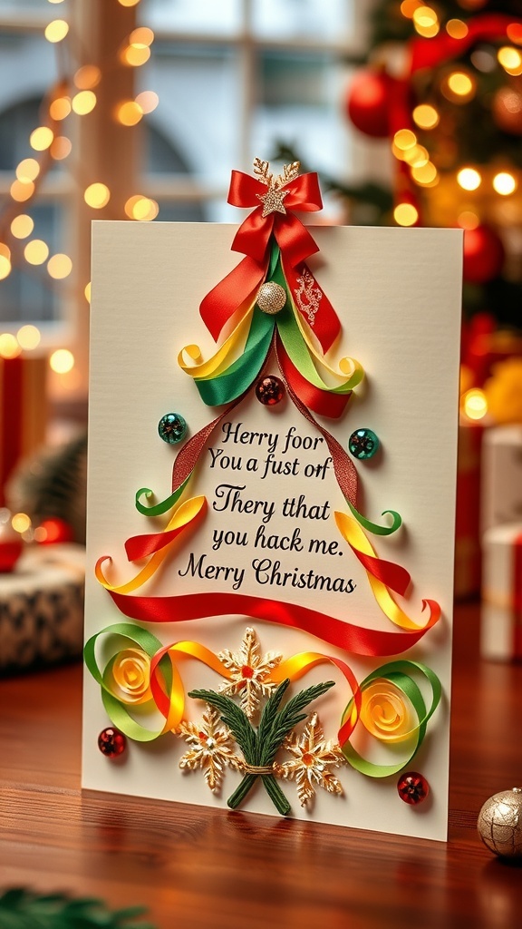 A handmade Christmas card with a ribbon tree design, colorful ribbons, and festive decorations.
